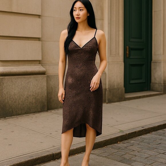 90s Y2K Rampage Brown Leopard Print Glitter Slip Dress Size M Made in USA - Picture 1 of 6